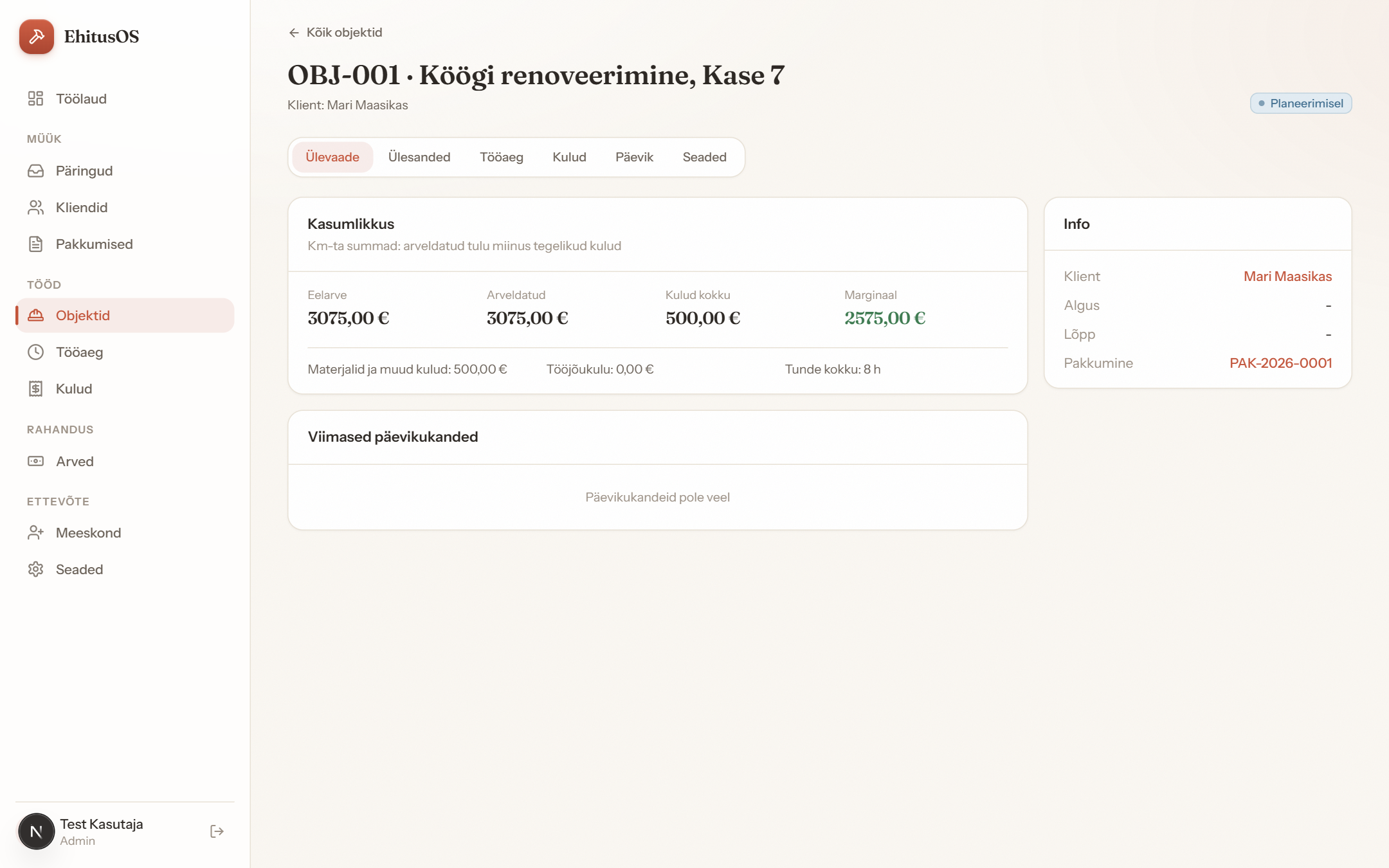 Objekti vaade: eelarve, kulud ja marginaal reaalajas